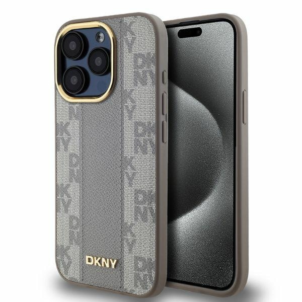 DKNY läderfodral med rutigt monomönster MagSafe iPhone 15 Pro - Beige