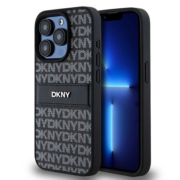 DKNY läderfodral med monostripe och metallogo för iPhone 15 Pro - svart
