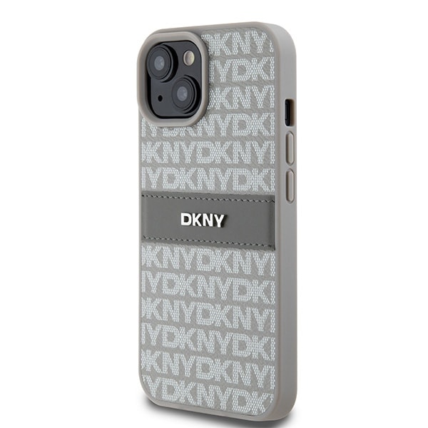 DKNY læderetui med monostribe og metallogo til iPhone 15 / 14 / 13 - beige