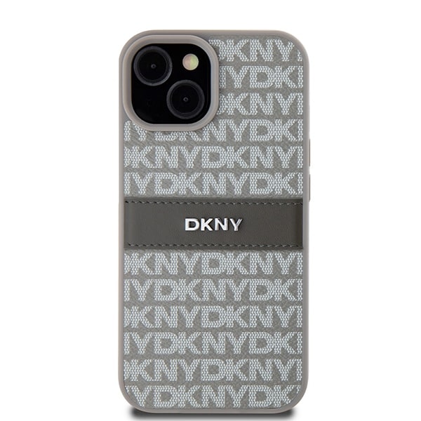 DKNY læderetui med monostribe og metallogo til iPhone 15 / 14 / 13 - beige