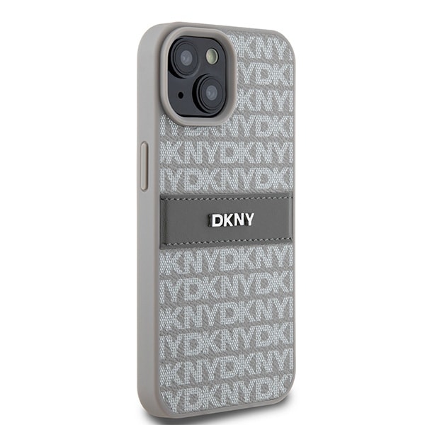 DKNY læderetui med monostribe og metallogo til iPhone 15 / 14 / 13 - beige