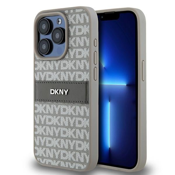 DKNY läderfodral med monostripe och metallogo för iPhone 15 Pro - beige