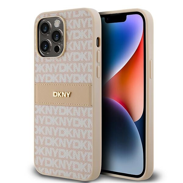 DKNY läderfodral med monostripe och metallogo för iPhone 14 Pro - rosa