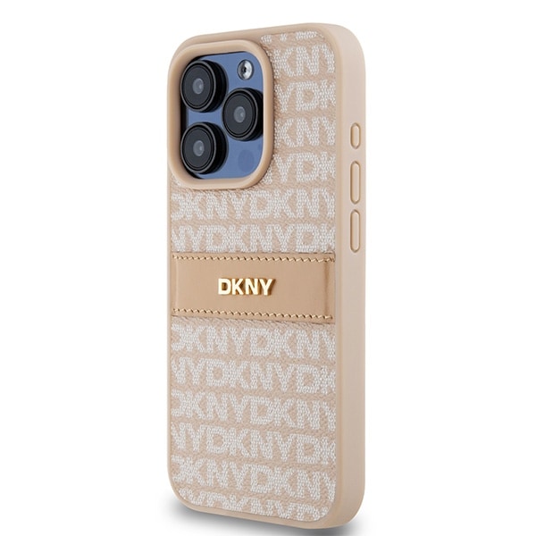 DKNY læderetui med monostribe og metallogo til iPhone 15 Pro - pink