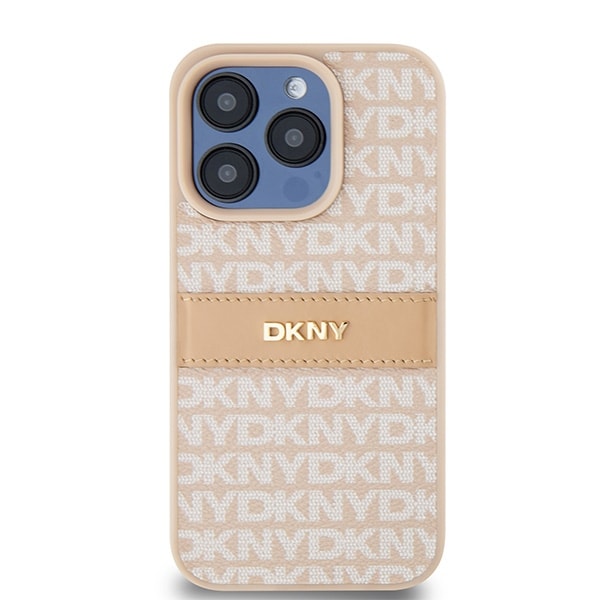 DKNY læderetui med monostribe og metallogo til iPhone 15 Pro - pink