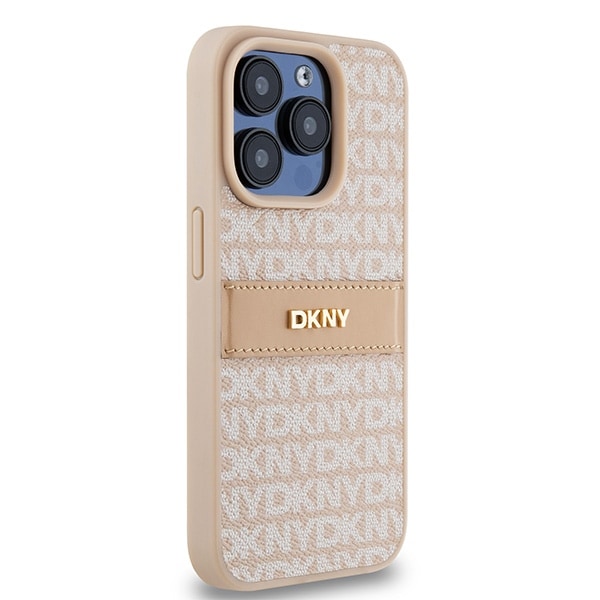 DKNY læderetui med monostribe og metallogo til iPhone 15 Pro - pink