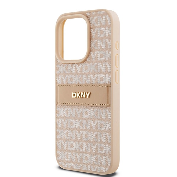 DKNY læderetui med monostribe og metallogo til iPhone 15 Pro - pink
