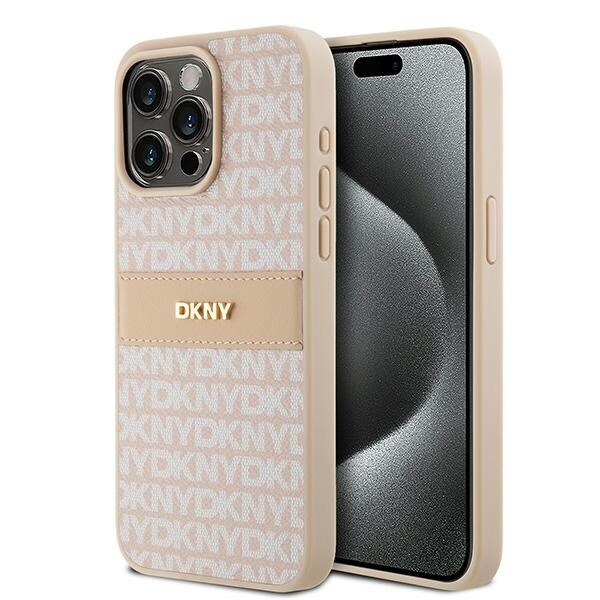 DKNY läderfodral med monostripe och metallogo för iPhone 15 Pro Max - rosa