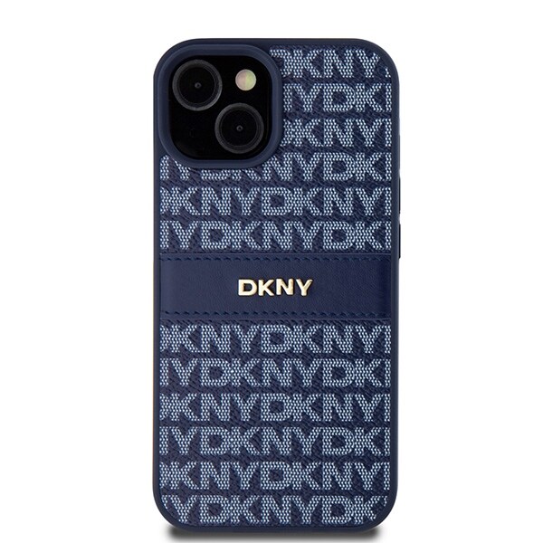DKNY læderetui med monostribe og metallogo til iPhone 15 / 14 / 13 - blå