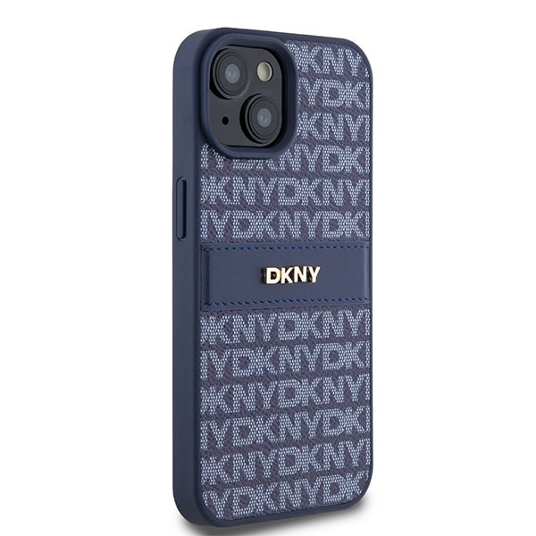 DKNY læderetui med monostribe og metallogo til iPhone 15 / 14 / 13 - blå