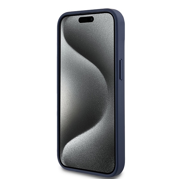 DKNY læderetui med monostribe og metallogo til iPhone 15 / 14 / 13 - blå