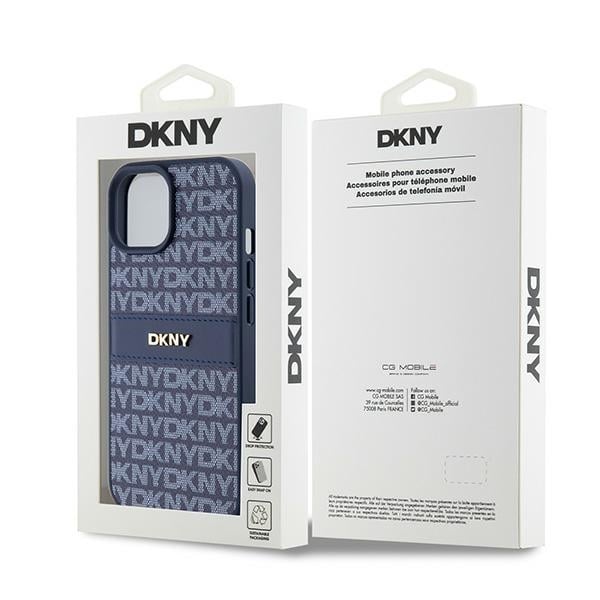 DKNY læderetui med monostribe og metallogo til iPhone 15 / 14 / 13 - blå