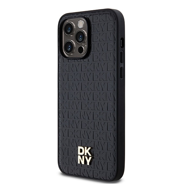 DKNY Læder Monogram Mønster Metal Logo MagSafe Etui til iPhone 14 Pro Max - Sort