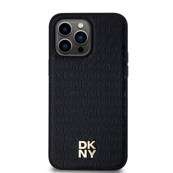 DKNY Læder Monogram Mønster Metal Logo MagSafe Etui til iPhone 14 Pro Max - Sort