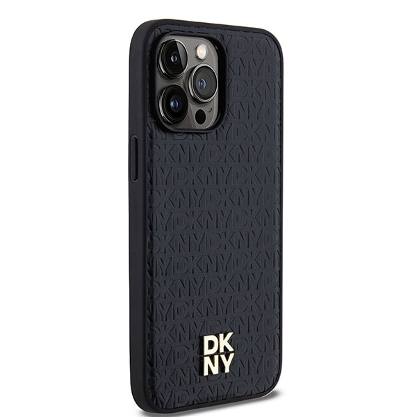 DKNY Læder Monogram Mønster Metal Logo MagSafe Etui til iPhone 14 Pro Max - Sort