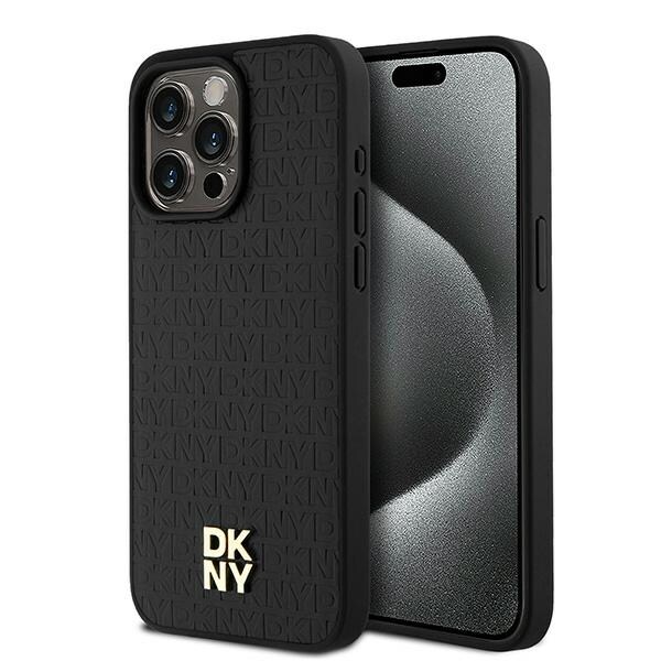 DKNY läderfodral med monogrammönster och metallogo MagSafe-fodral för iPhone 15 Pro Max - Svart
