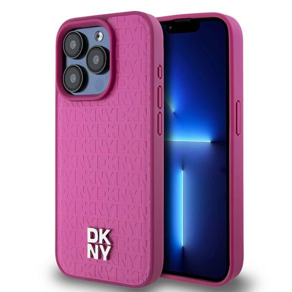 DKNY läderfodral med monogrammönster och metallogo MagSafe-fodral för iPhone 15 Pro - Rosa