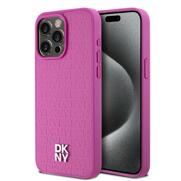 DKNY läderfodral med monogrammönster och metallogo MagSafe-fodral för iPhone 15 Pro Max - Rosa