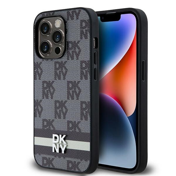 DKNY läderfodral med rutigt monomönster och tryckta ränder iPhone 14 Pro - svart