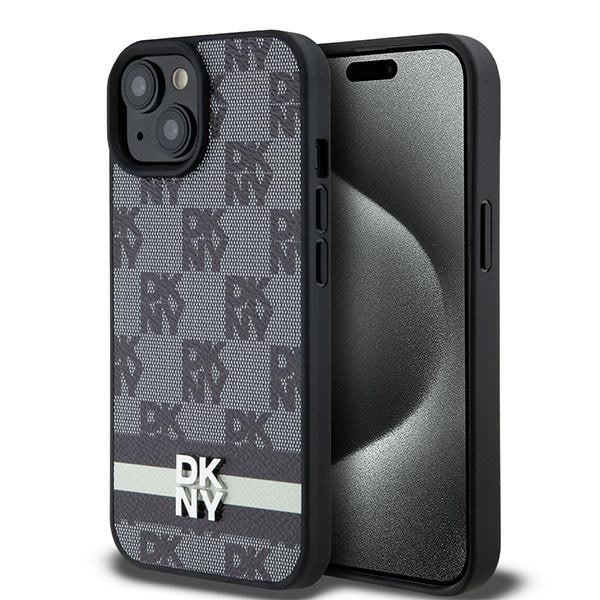 DKNY läderfodral med rutigt monomönster och tryckta ränder för iPhone 15/14/13 - Svart