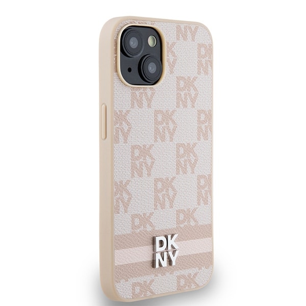 DKNY læderetui med ternet mønster og trykte striber til iPhone 15 / 14 / 13 - pink