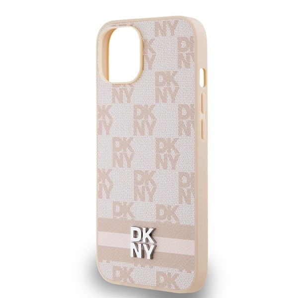 DKNY læderetui med ternet mønster og trykte striber til iPhone 15 / 14 / 13 - pink