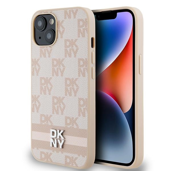 DKNY läderfodral med rutigt monomönster och tryckta ränder för iPhone 15 Plus / 14 Plus - Rosa