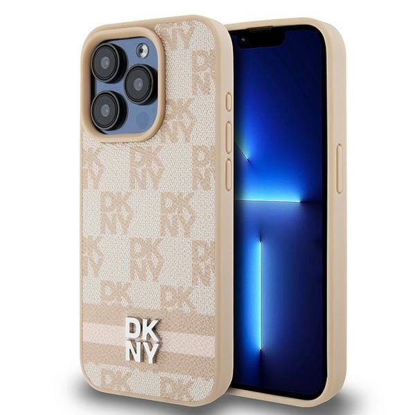 DKNY läderfodral med rutigt monomönster och tryckta ränder för iPhone 15 Pro - rosa