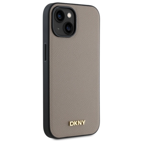 DKNY MagSafe iPhone 15-etui med kornet metallogo - Beige
