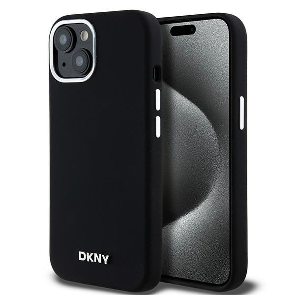 DKNY Liquid Silicone Small Metal Logo MagSafe-fodral för iPhone 15 Plus / 14 Plus - Svart