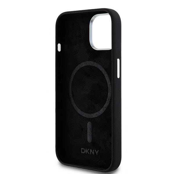 DKNY Liquid Silicone Small Metal Logo MagSafe-etui til iPhone 15 Plus / 14 Plus - Sort