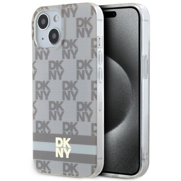 DKNY IML Checkered Mono Pattern & Printed Stripes MagSafe Case for iPhone 15/14 Plus - Beige