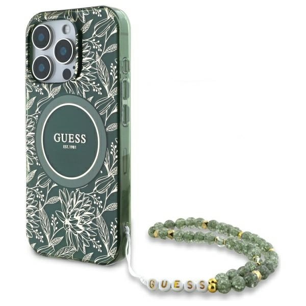 Guess IML Flowers Allover Electro With Pearl Strap MagSafe-fodral för iPhone 16 Pro Max - grön