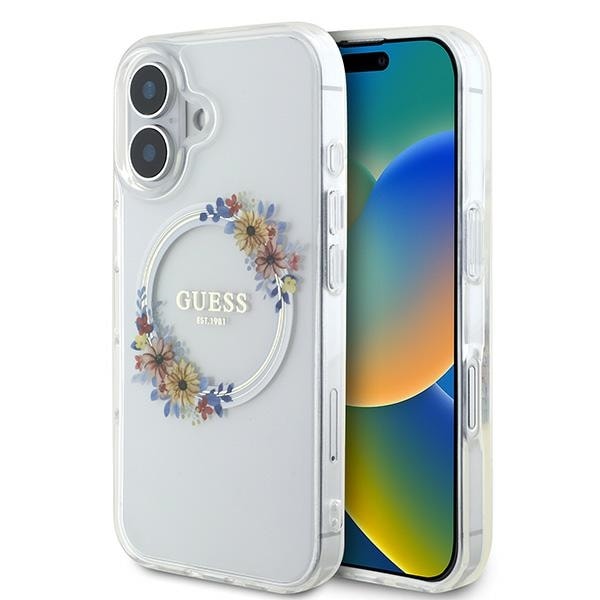 Guess IML Blommor Krans MagSafe-fodral för iPhone 16 - Transparent