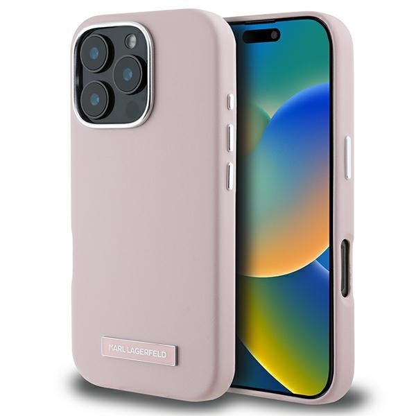 Karl Lagerfeld FW MagSafe iPhone 16 Pro-fodral med metallplatta - Rosa