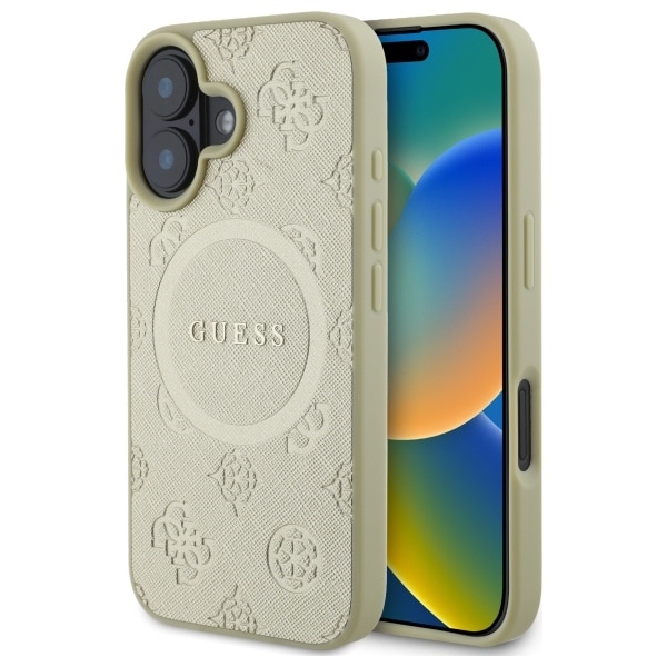 Guess Saffiano Peony Classic Logo MagSafe-fodral för iPhone 16 - guld
