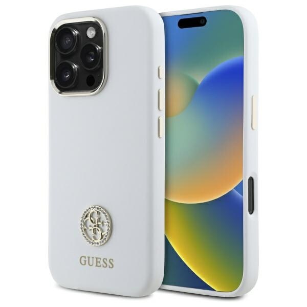 Guess Silikon Logo Strass 4G Fodral för iPhone 16 Pro Max - Vit