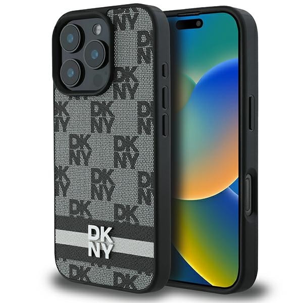 DKNY Fodral med rutigt mönster och tryckta ränder för iPhone 16 Pro Max - Svart