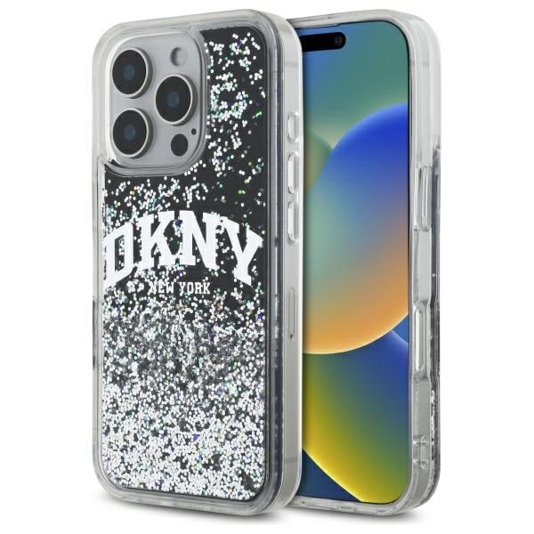 DKNY DKHCP16LLBNAEK iPhone 16 Pro 6,3" svart/svart hårdfodral Liquid Glitter Arch Logo