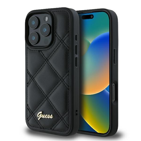 Guess Quiltad metallogo iPhone 16 Pro-fodral - svart
