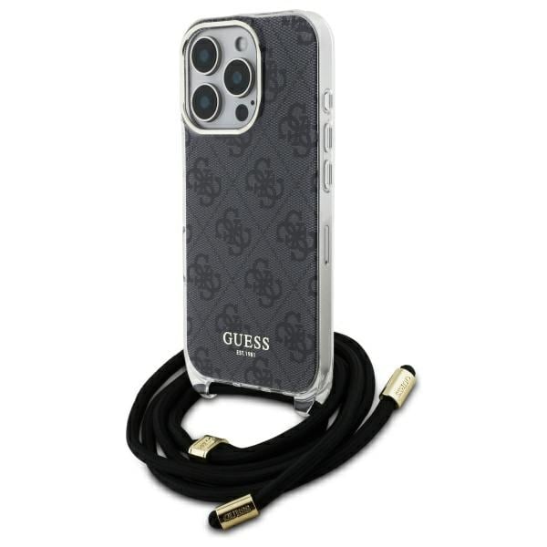 Guess Crossbody Cord 4G Fodral med tryck och nyckelband för iPhone 16 Pro - Svart
