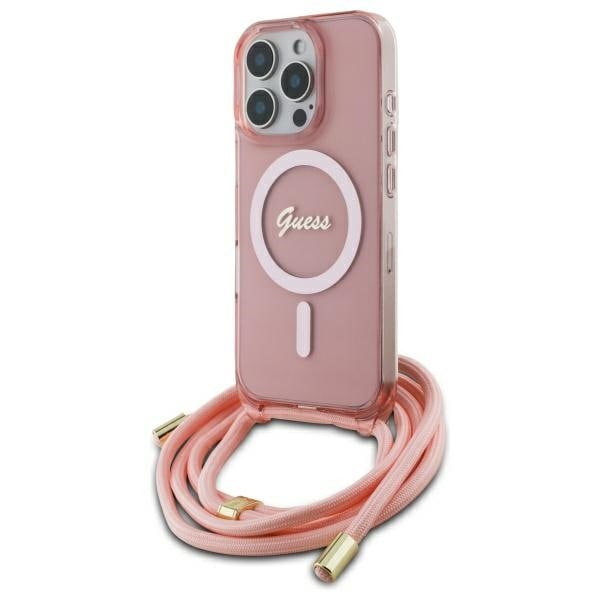 Guess Crossbody Cord Script MagSafe Fodral för iPhone 16 Pro Max - Rosa