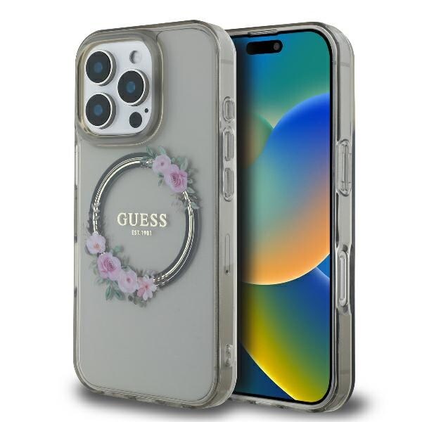Guess GUHMP16XHFWFCK iPhone 16 Pro Max 6.9" svart hårdplastfodral IML Flowers Wreath MagSafe