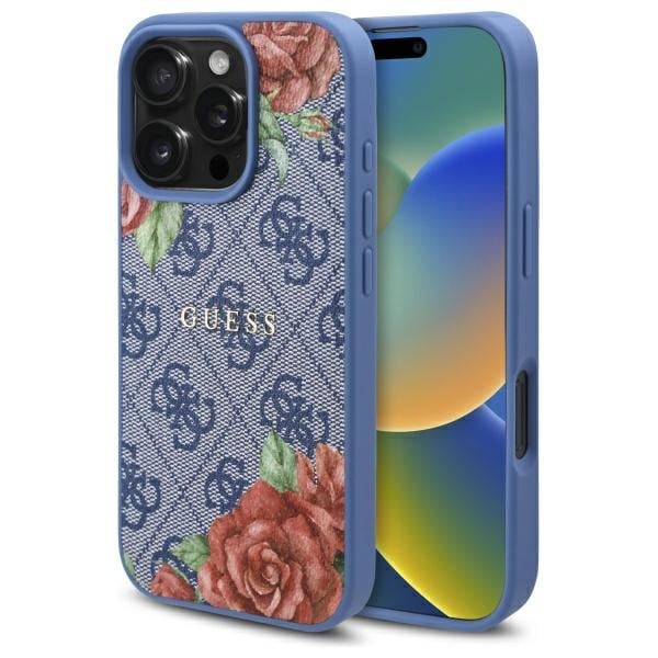 Guess 4G Flowers Print MagSafe-fodral för iPhone 16 Pro - blått