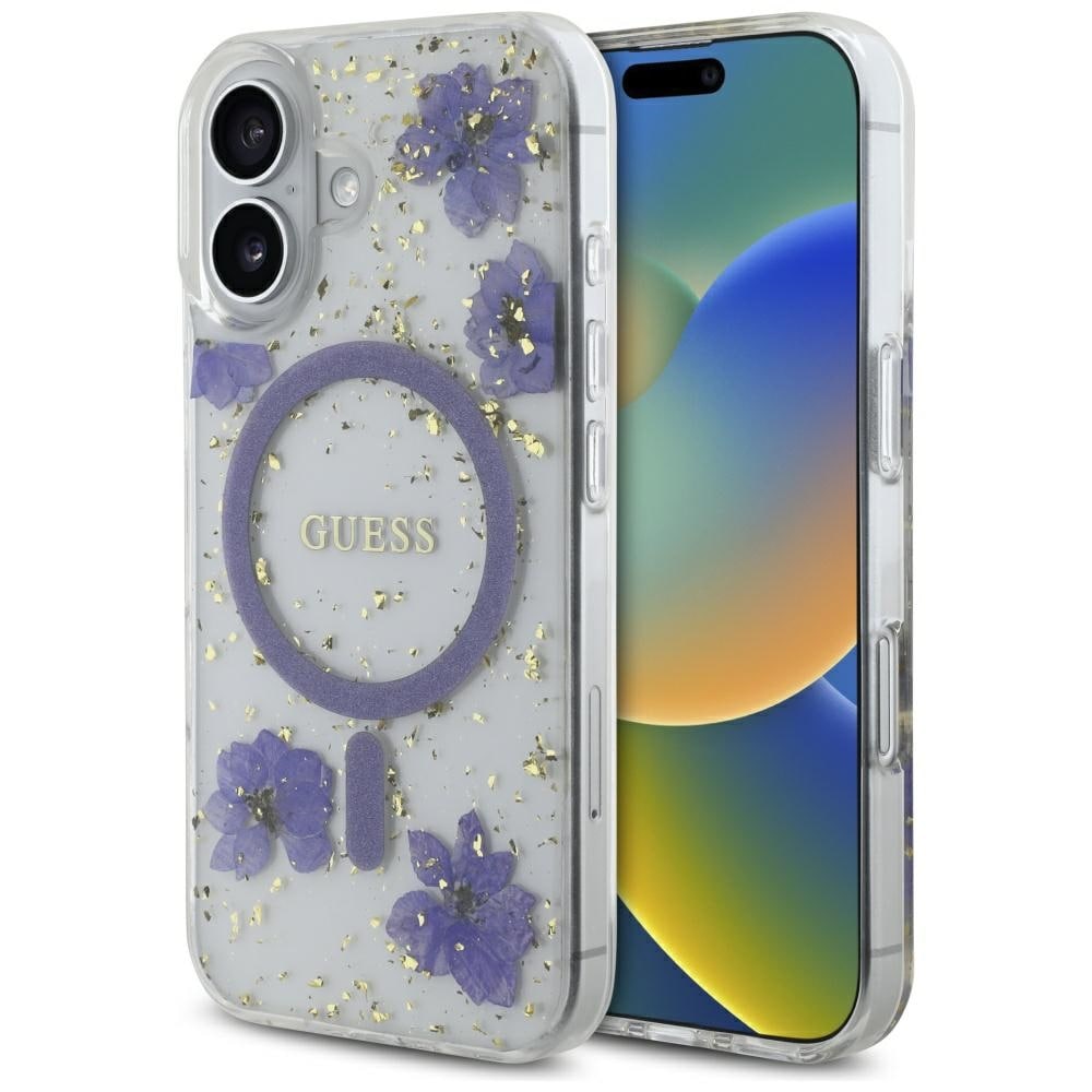 Guess Resin Flowers Glitter MagSafe-fodral för iPhone 16 - lila