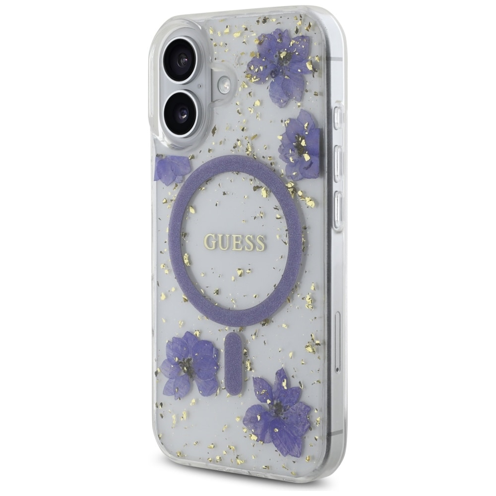 Guess Resin Flowers Glitter MagSafe-etui til iPhone 16 - lilla