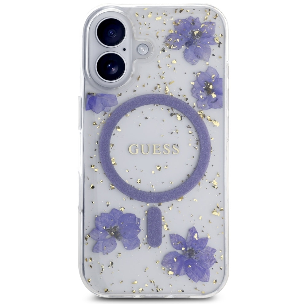 Guess Resin Flowers Glitter MagSafe-etui til iPhone 16 - lilla