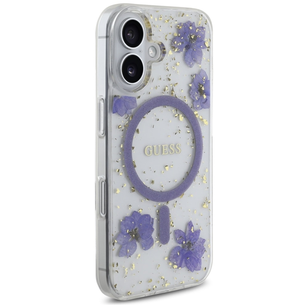 Guess Resin Flowers Glitter MagSafe-etui til iPhone 16 - lilla