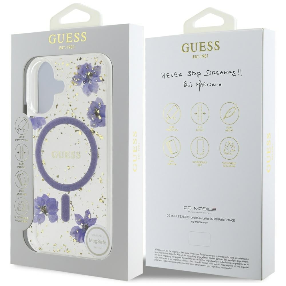 Guess Resin Flowers Glitter MagSafe-etui til iPhone 16 - lilla