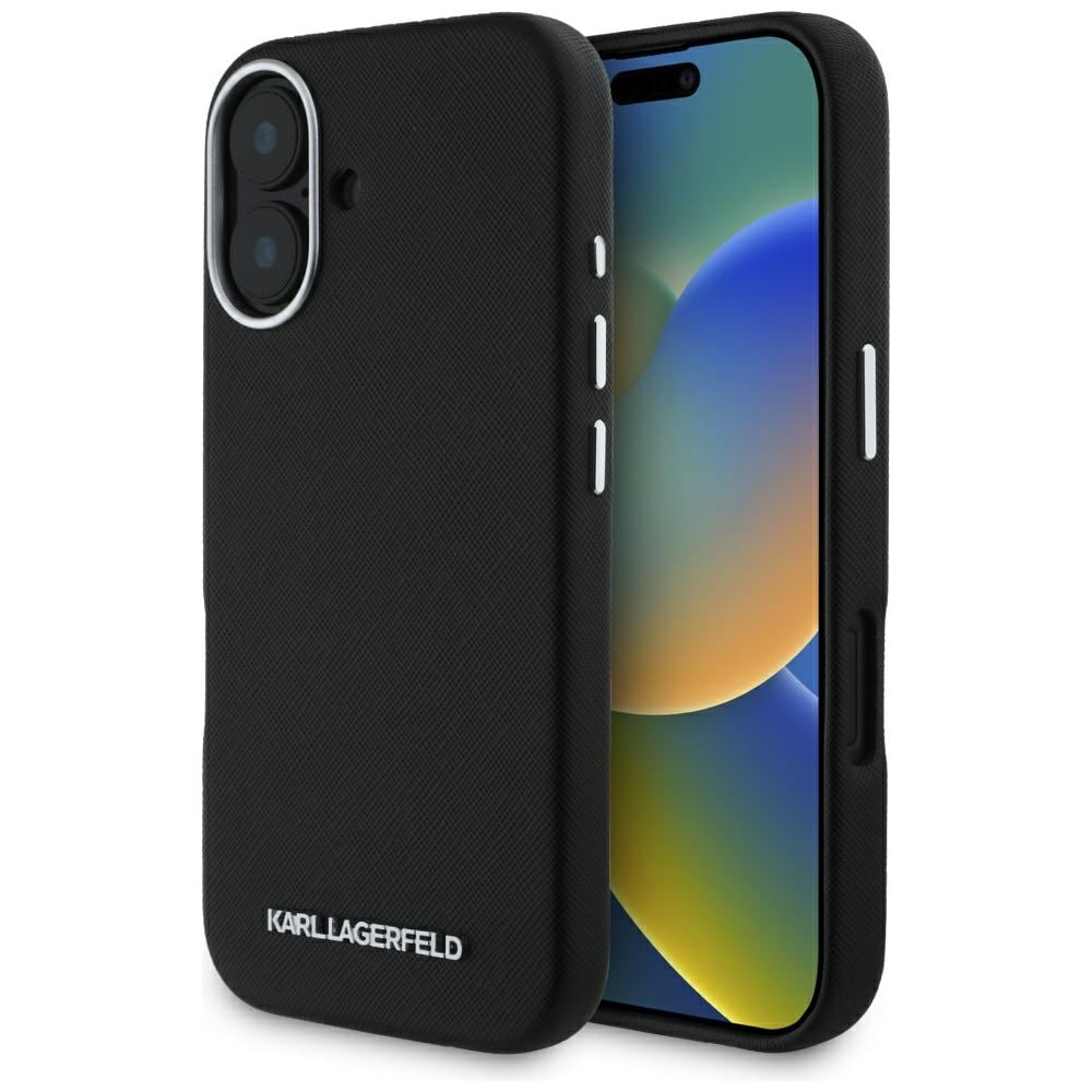 Karl Lagerfeld Saffiano MagSafe-fodral med metallogo för iPhone 16 - Svart